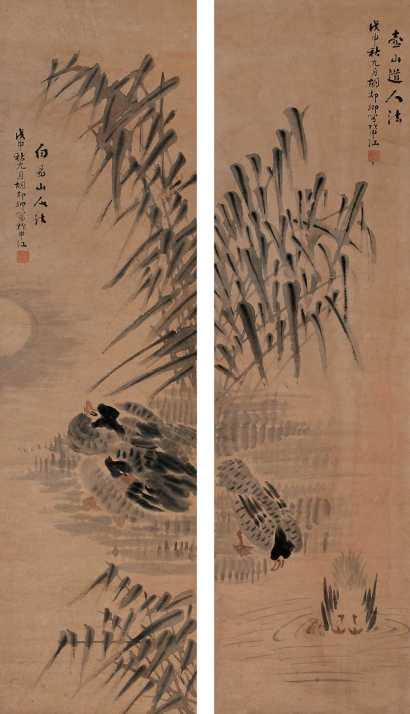 胡郯卿 戊申（1908年）作 芦雁（二件） 屏轴